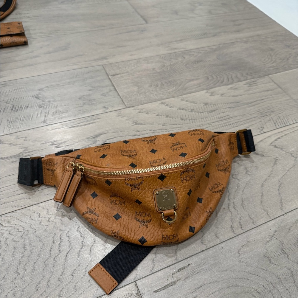 MCM Cognac Visetos Monogram Belt Bag with Gold Hardware